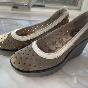 Fly London Beige and white Perforated Leather Wedges